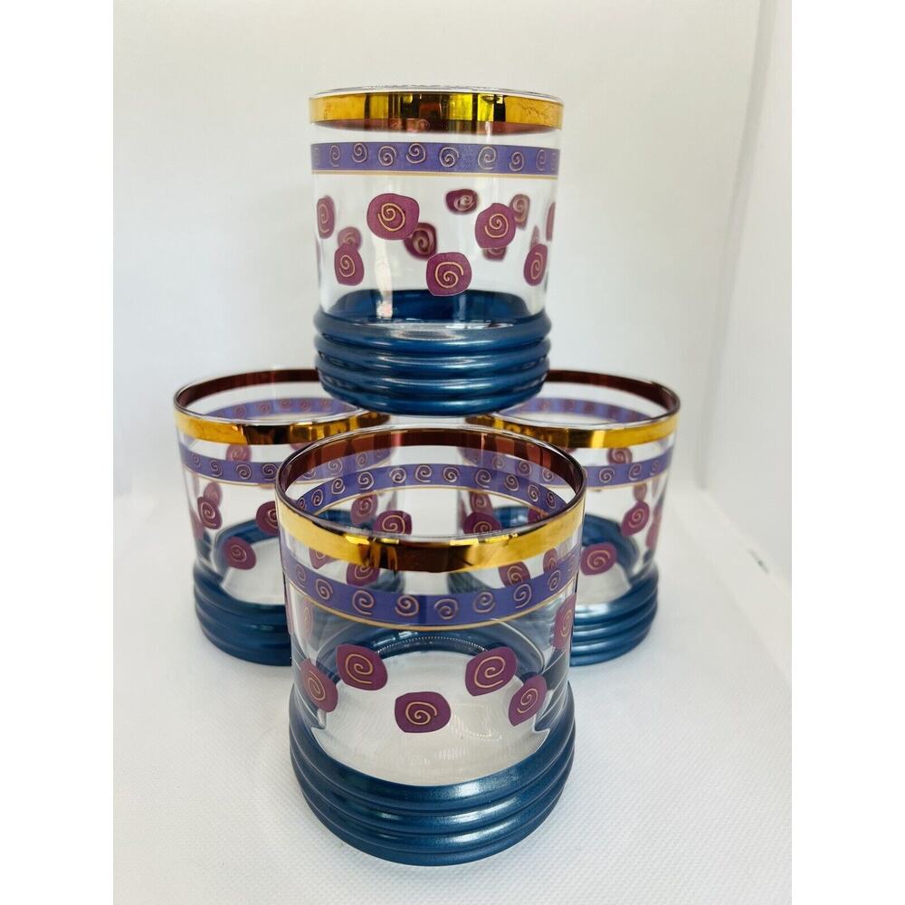 Vtg Sakura Sango Sue Zipkin Rocks Old Fashioned Glasses. (4) blue, purple Gold